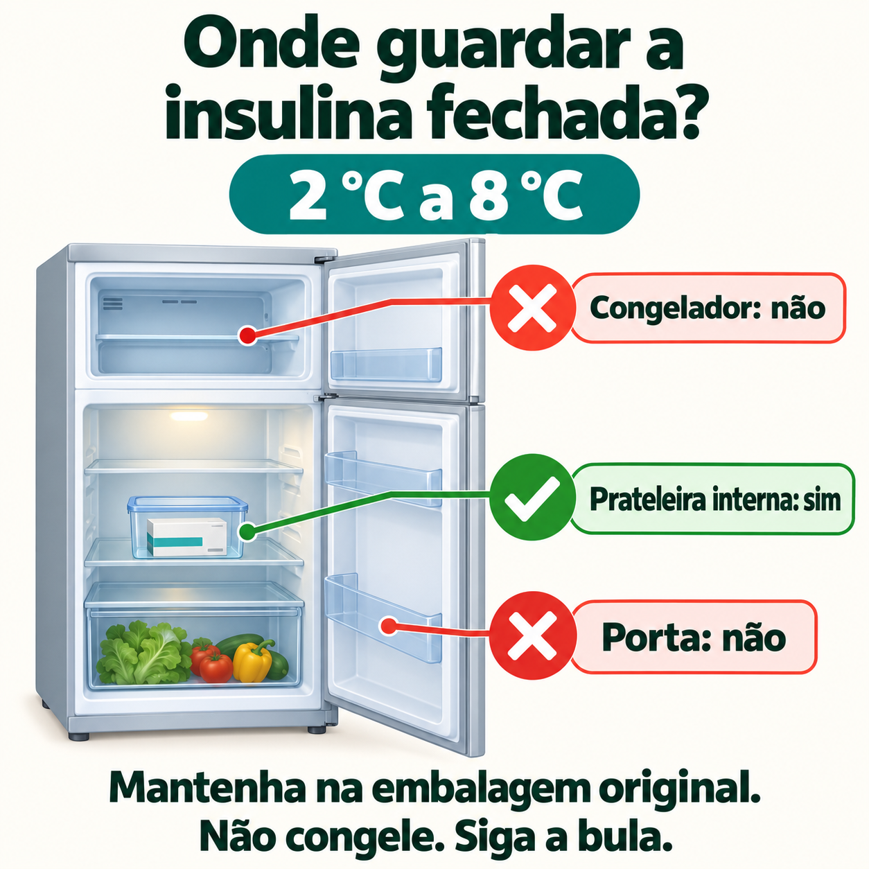 Insulina fechada: conservar entre 2 °C e 8 °C, na embalagem original, em prateleira interna da geladeira. Não guardar no congelador nem na porta. Não congele e siga a bula.